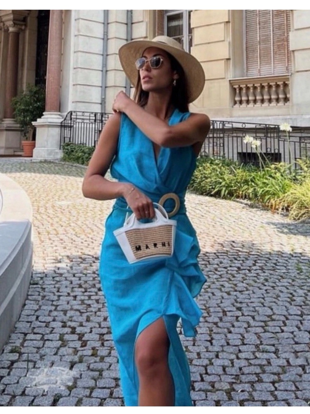 Zara Sleeveless V-Neck Turquoise Wrap Midi Dress with Belt Detail